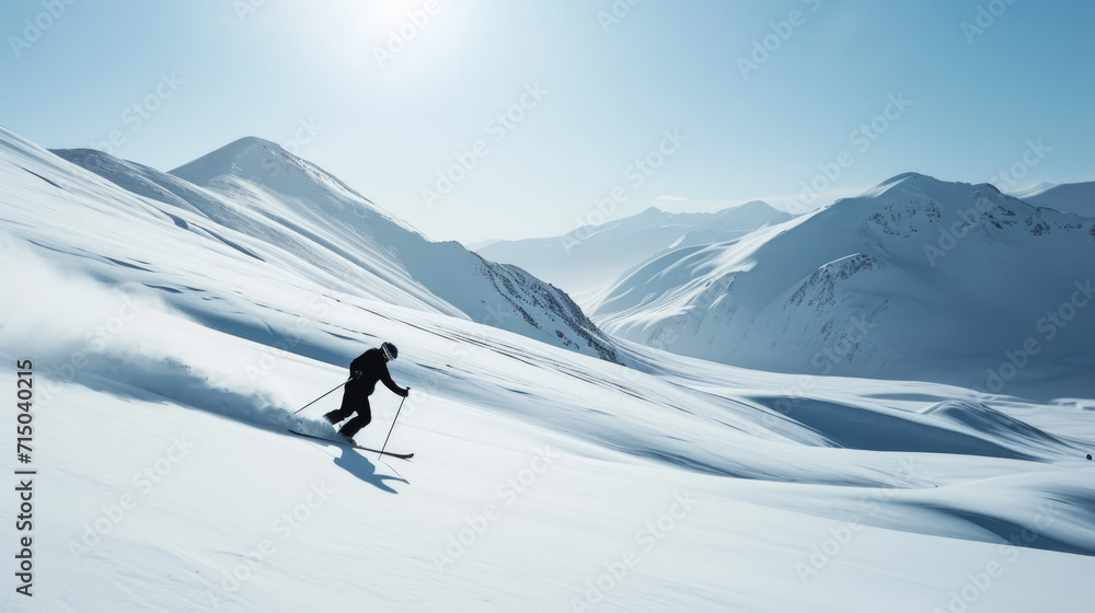 Solitary skier is trekking across a snowy mountain landscape under a bright sun.