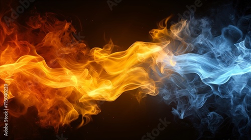 Abstract fire and ice flames intertwining on dark background