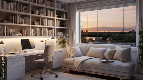 Inviting Tranquil Hybrid: A Cozy Guest Room-Home Office Combo with Tranquil Ambiance - AI-Generative