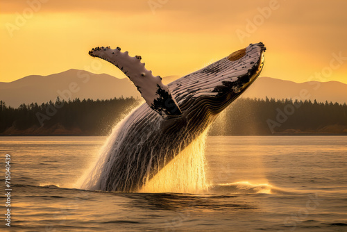 Magnificent humpback whale, in sunset light. 
