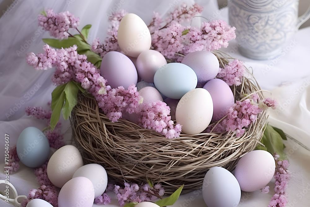 Arrangement with pastel colored easter eggs and pink flowers in nest Arrangement with pastel colored easter eggs and pink flowers in nest
