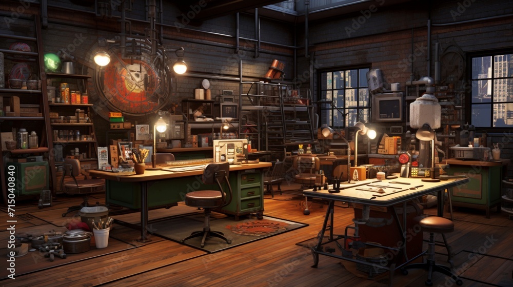 Interior Design: Captivating Cozy Industrial Art Nook with Metal Accents and Warm Lighting - AI-Generative