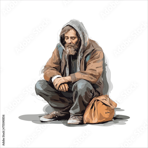 Homeless man sitting on the street in the shadow of the building and begging for help and money