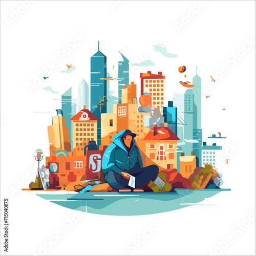 Homeless man sitting on the street in the shadow of the building and begging for help and money ILLUSTRATION