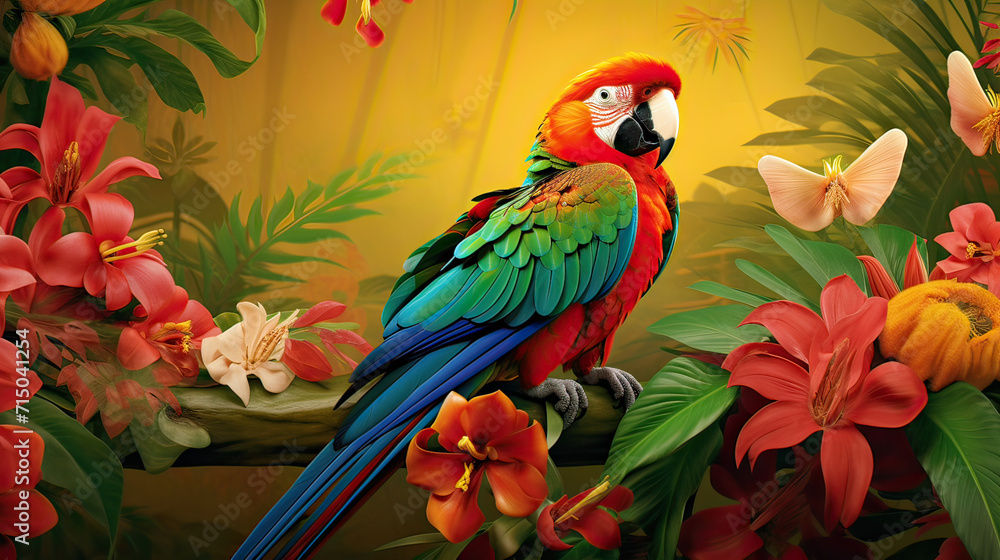Fototapeta premium Tropical Rainforest with Parrot background, capturing the exotic flora and fauna of the rainforest, with a focus on a brilliantly colored parrot in its natural habitat Ai Generative