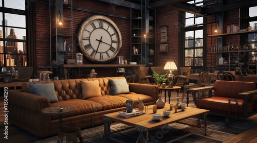 A Cozy Industrial Living Room with a Mix of Modern and Vintage Decor Elements - AI-Generative