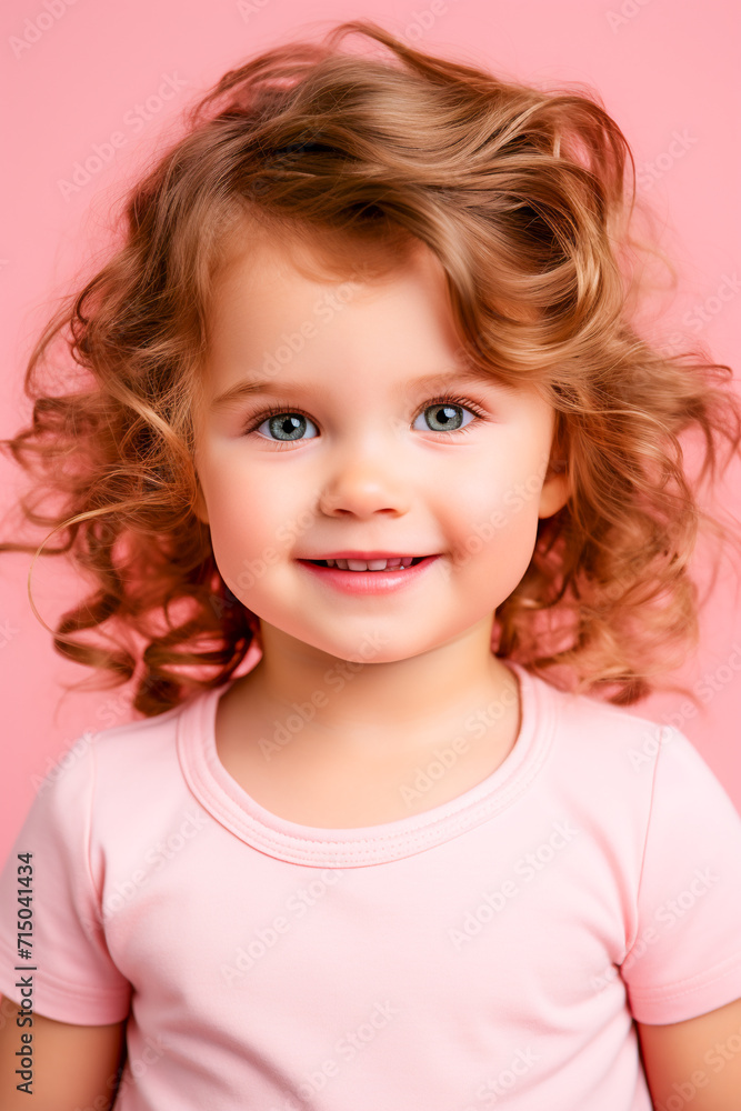 Happy Little Girl Portrait. Joyful Child in a Pink World Happy Little Girl Portrait. Joyful Child in a Pink World
