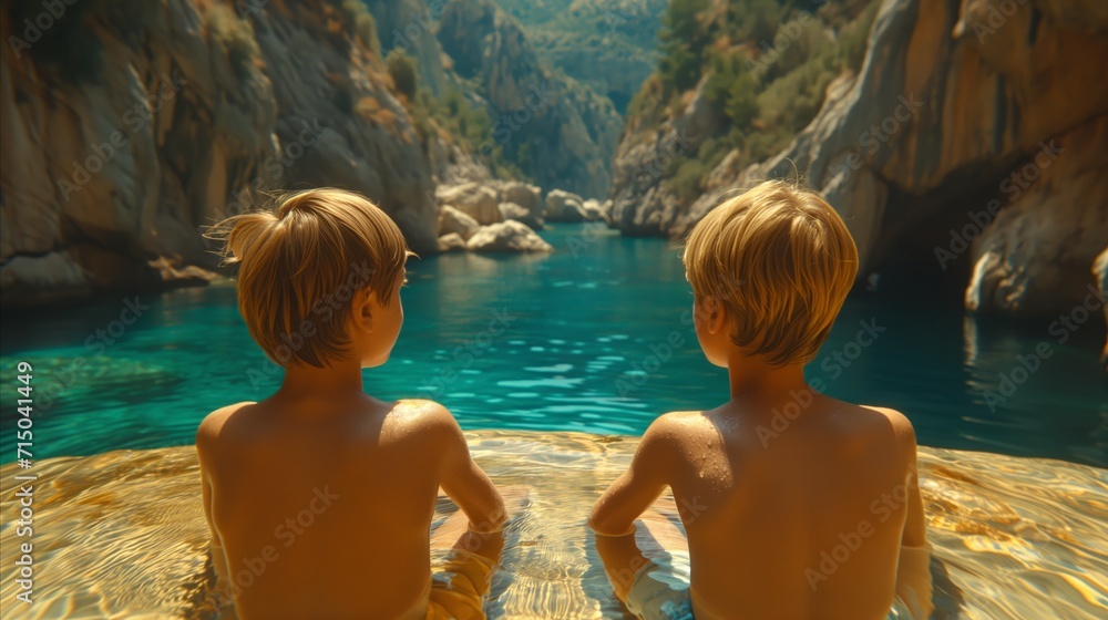 Fototapeta premium Two young boys enjoying the serene lake view