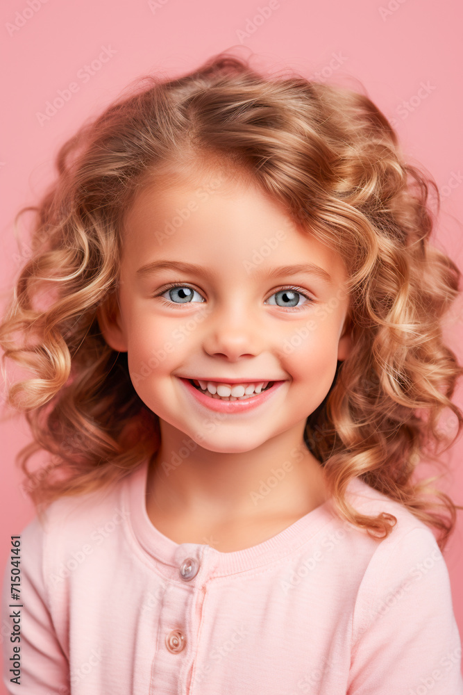 Happy Little Girl Portrait. Joyful Child in a Pink World Happy Little Girl Portrait. Joyful Child in a Pink World