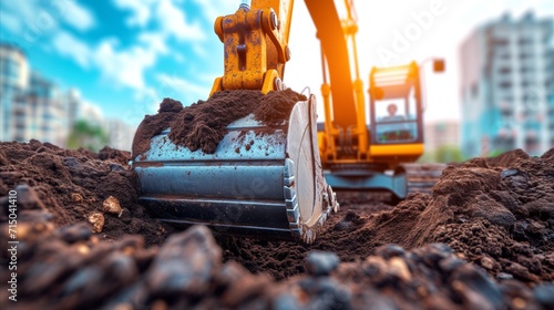 Excavator in action at construction site with urban background
