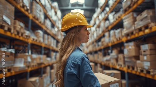 Young female worker in hard hat at industrial warehouse