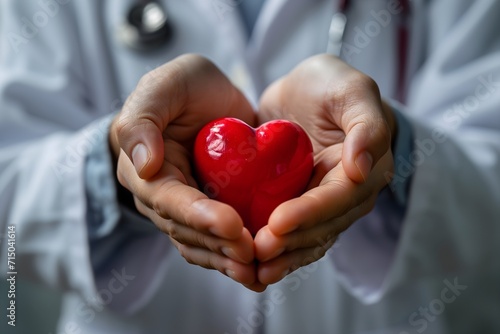 Capture the essence of heartfelt care with our image featuring a male medicine doctor's hands holding and covering a red toy heart. A visual representation of medical compassion.