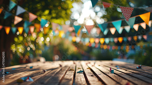 Wooden table scattered with colorful confetti and sprinkles, with a blurred background photo