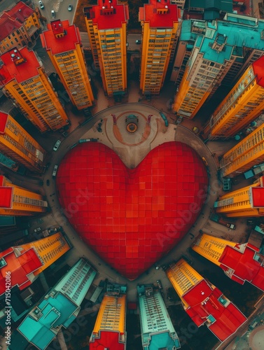 Aerial photography of a residental park. Buildings forming the shape of a red colored heart. 