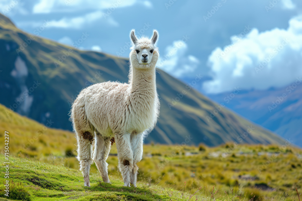 Naklejka premium The llama, Lama glama domesticated South American camelid animals on the green meadow in the Andes mountains. Cute furry alpaca or lama portrait