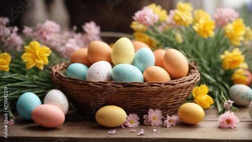 Basket with colorful easter eggs on wooden table