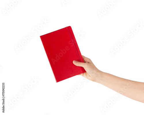 Closeup of woman hand showing red notebook, holding textbooks or organizers, education, reading literature. Indoor studio shot isolated on transparent png background with clipping paths. 