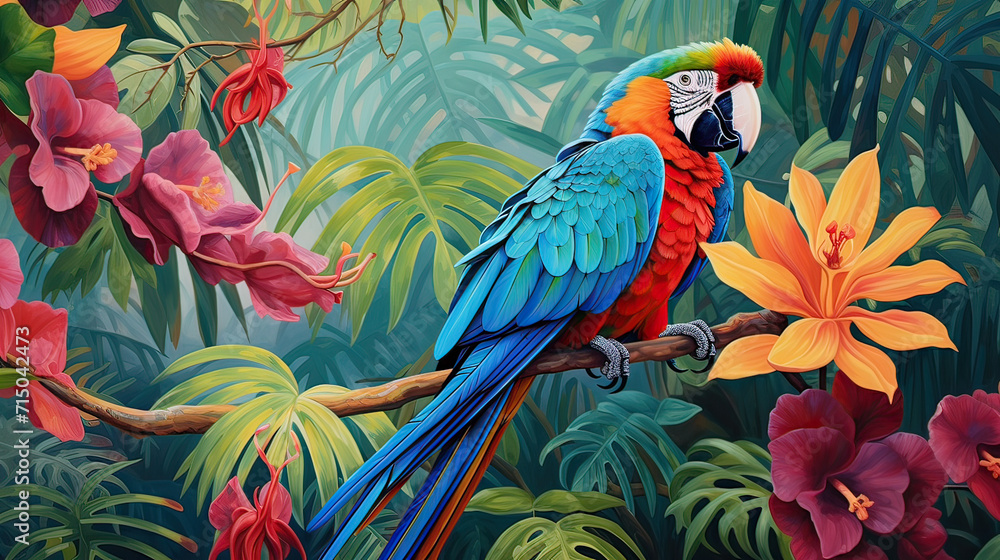 Fototapeta premium Tropical Rainforest color palette, blending the lush greens and vibrant blues and reds of a parrot's plumage, creating a visually captivating and harmonious composition background Ai Generative