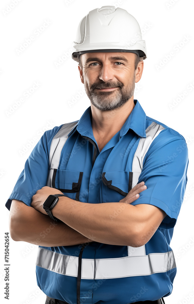 Isolated worker in white hardhat and blue uniform with crossed hands Isolated worker in white hardhat and blue uniform with crossed hands