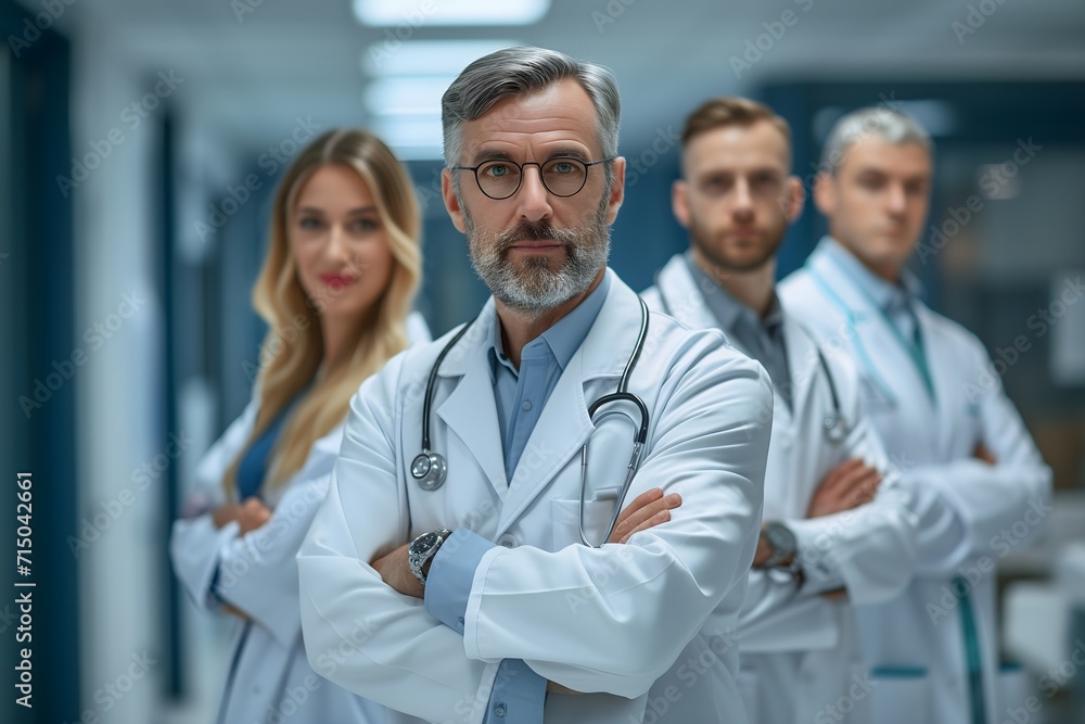 Capture the essence of medical expertise in our image featuring a group of modern doctors as a cohesive team with arms crossed in a hospital office. An impactful portrayal of healthcare professionals Capture the essence of medical expertise in our image featuring a group of modern doctors as a cohesive team with arms crossed in a hospital office. An impactful portrayal of healthcare professionals