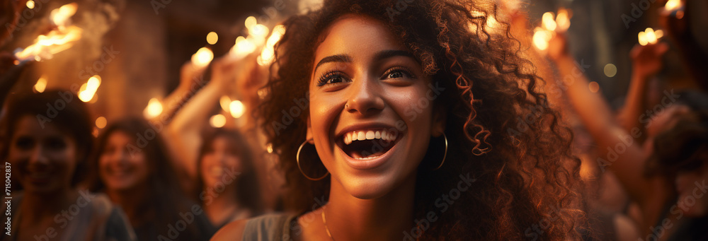 portrait of a smiling young woman in a night city