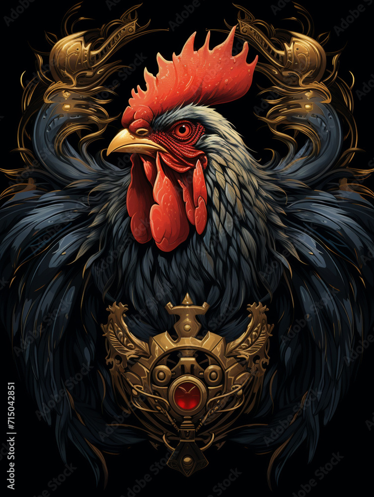 T-shirt design, Illustration of a rooster with a crown exuding confidence and dominance, with a fierce eye and puffed-up chest created with Generative Ai