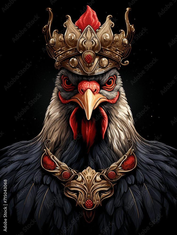 T-shirt design, Illustration of a rooster with a crown exuding confidence and dominance, with a fierce eye and puffed-up chest created with Generative Ai