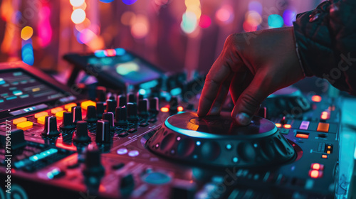 DJ's hand adjusting a mixer on a DJ console with colorful blurred lights in the background photo