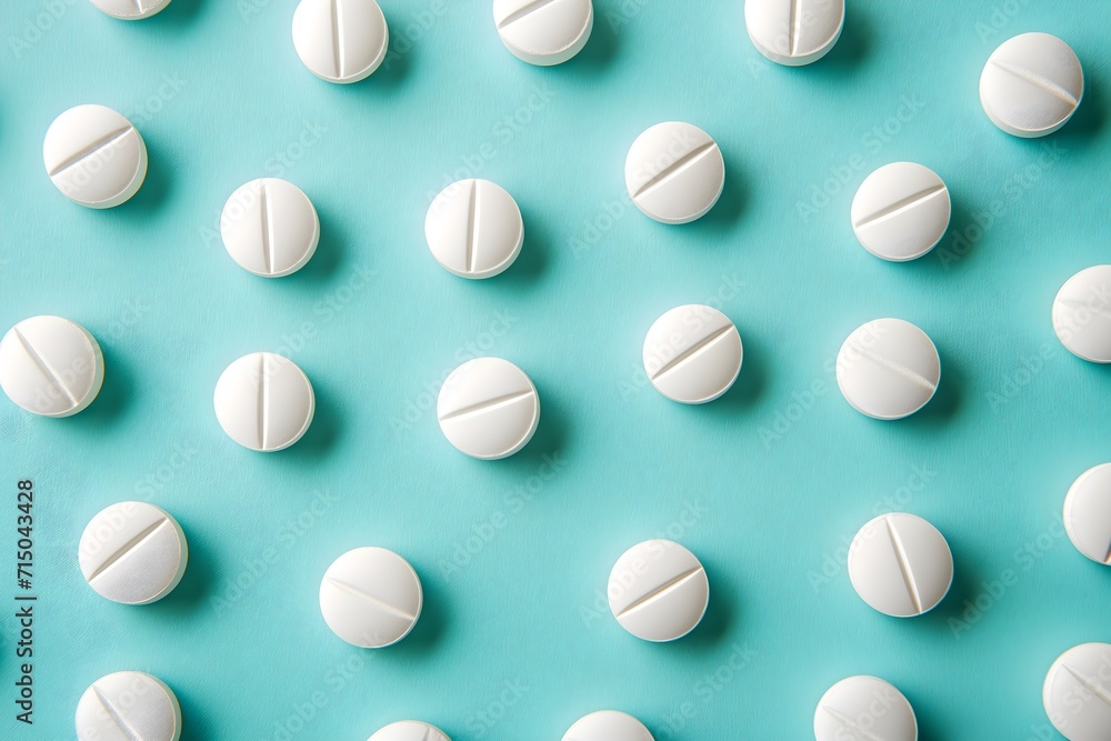 Experience simplicity in our stock photo white pills on a teal background. A minimalist visual, perfect for pharmaceutical concepts and clean, modern healthcare design.