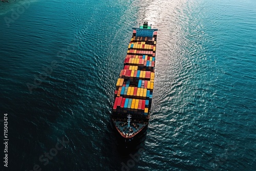 A large ship full of containers in the open ocean, aerial perspective. Cargo ship 