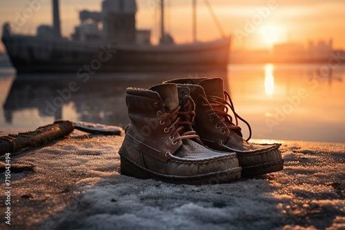 Boot im Winter im Sonnenaufgang photo