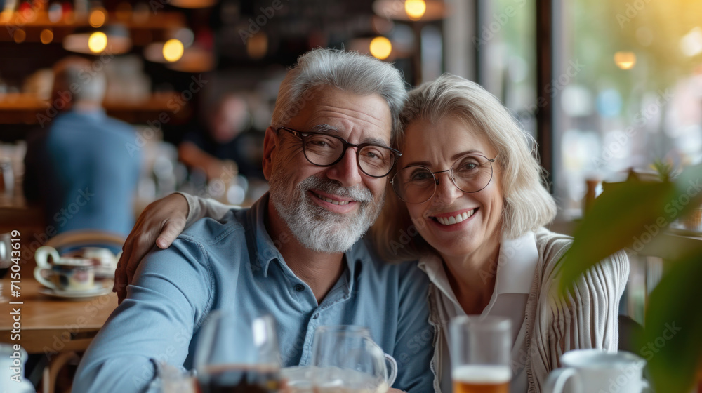 Nice elderly couple enjoying retirement and drinking coffee in a cozy cafe. An adult man and woman spend time together. Active pension. Concept of love, relaxation. Nice elderly couple enjoying retirement and drinking coffee in a cozy cafe. An adult man and woman spend time together. Active pension. Concept of love, relaxation.