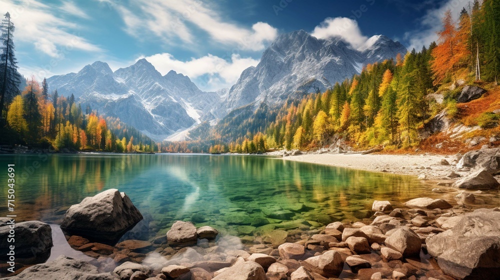 Bright autumn day on the shore of the Jasna lake