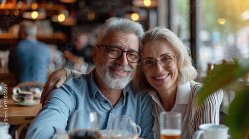 Nice elderly couple enjoying retirement and drinking coffee in a cozy cafe. An adult man and woman spend time together. Active pension. Concept of love, relaxation.