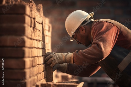 Bricklayer worker installing brick masonry on exterior wall with trowel putty knife photo