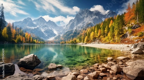 Bright autumn day on the shore of the Jasna lake © Amer