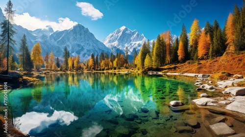 Bright autumn day on the shore of the Jasna lake photo