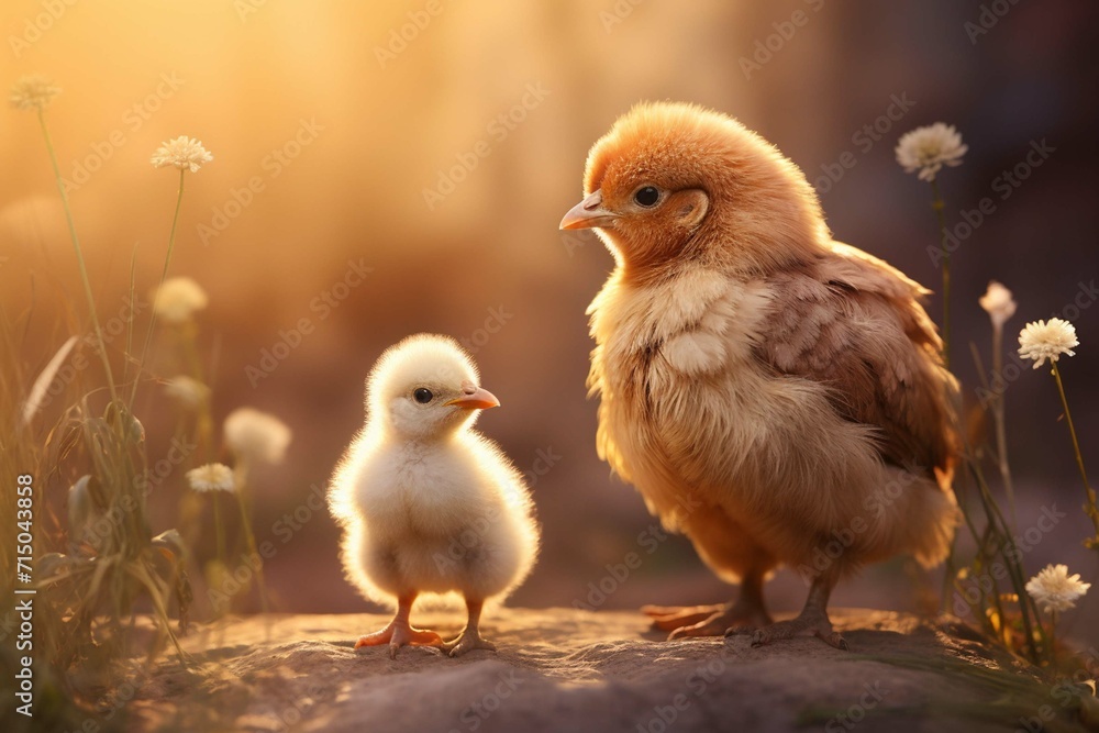 Brown mother hen teaches little fluffy chick