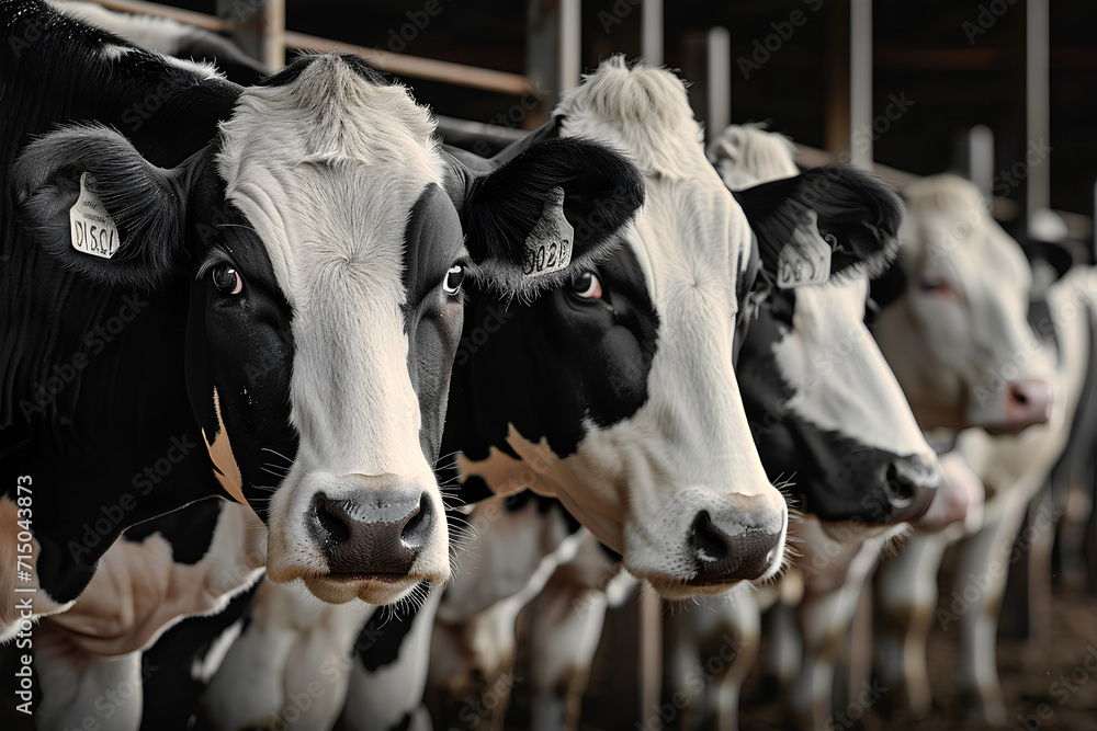 Row Cows on milking suction machine at cattle dairy farm. Concept modern technology equipment agriculture industry