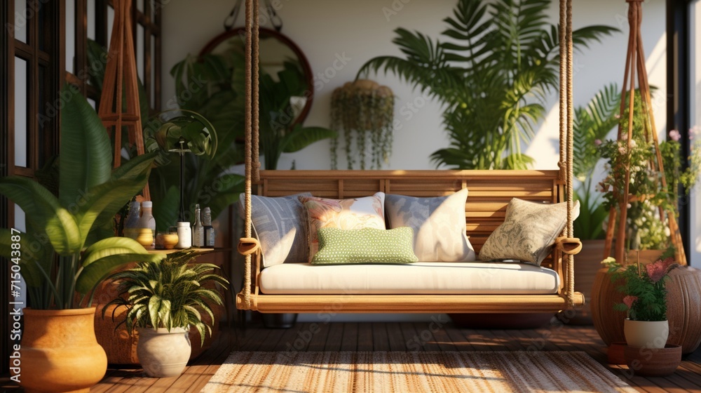 Serene Mid-century Modern Porch Swing Oasis in a Lush Garden Setting - AI-Generative