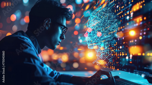 A concentrated man works on a computer and conducts analysis using neural networks. Worldwide interface. The young man absorbs information. Technology concept. photo