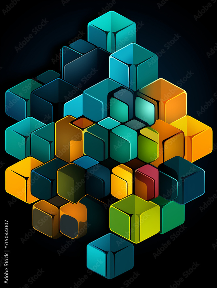 Obraz premium T-shirt design, Abstract illustration of overlapping hexagons in shades of blue and green, with a central bright yellow circle focal point created with Generative Ai