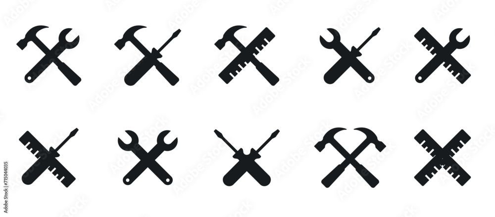 Fototapeta premium Set of tools hammer, ruler, wrench, screwdriver vector black