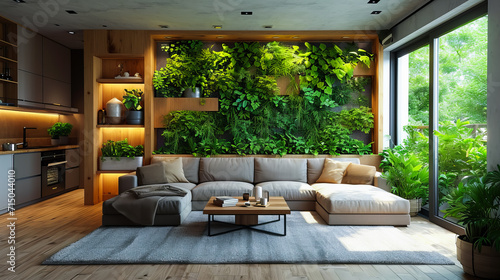 Stylish Interior with Plants. Comfortable Living Room with Green Wall