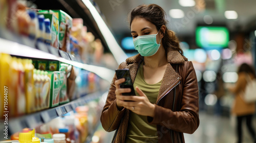 Woman wearing a surgical mask while using her smartphone in a grocery store aisle.