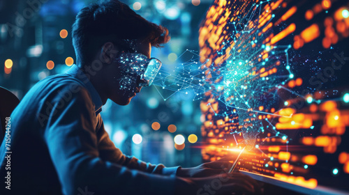 A concentrated man works on a computer and conducts analysis using neural networks. Worldwide interface. The young man absorbs information. Technology concept.