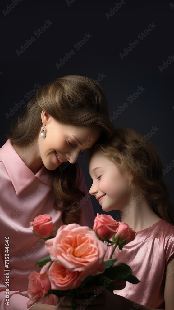 A mother and her baby daughter happy close to each other hugging with a rose flower A mother and her baby daughter happy close to each other hugging with a rose flower