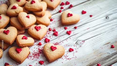 side view photo of heart shaped cookies lay on light wooden table , red colors --ar 16:9 --v 6 Job ID: 4dc9a85f-5764-43d4-b759-a31c7ecdf023