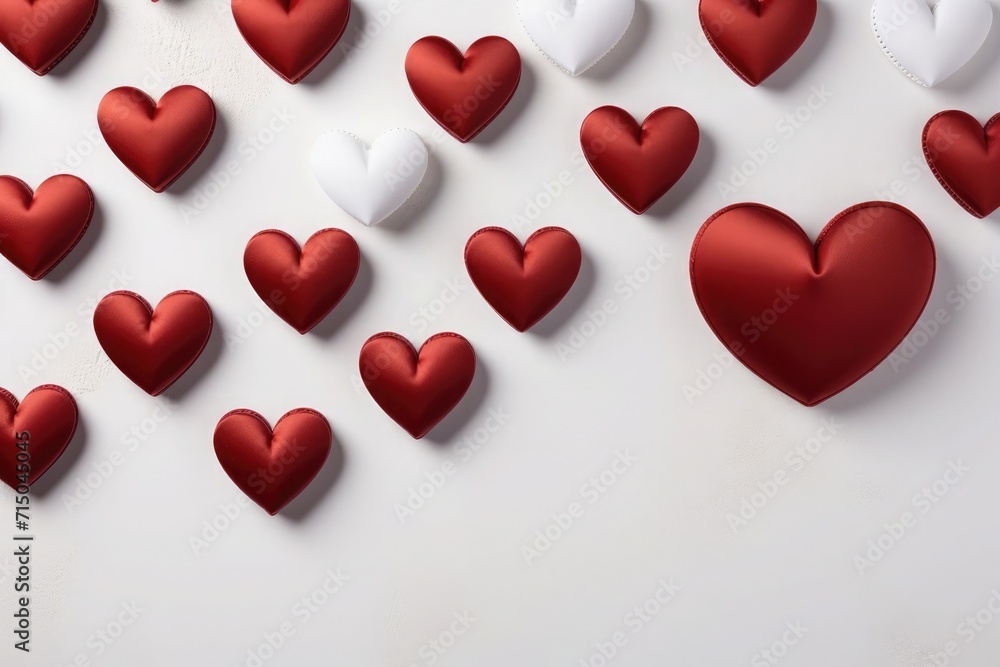 Background with red hearts on white background with space for text, Valentine's Day