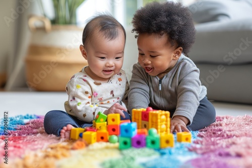 Asian and black baby playing on the floor in the living room